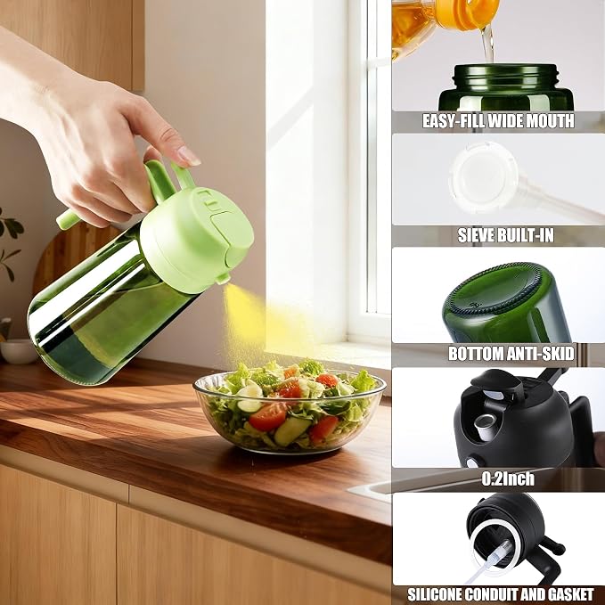 OURCABECUE 2 in 1 Olive Oil Sprayer for Cooking, 16oz/470ml Olive Oil Dispenser Bottle for Kitchen, Light-Blocking Dark Glass Oil Bottle, Food-Grade Oil Mister with 8 Oil Stickers (Green Bottle-Cap)