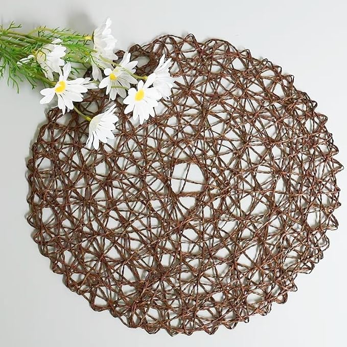 IcosaMro Brown Round Placemats Set of 6 for Dining Table, 15 Inch Paper Woven Boho Decorative Tan Circle Place Mat for Wedding Christmas Thanksgiving Day Holiday Dinner, Tan Brown