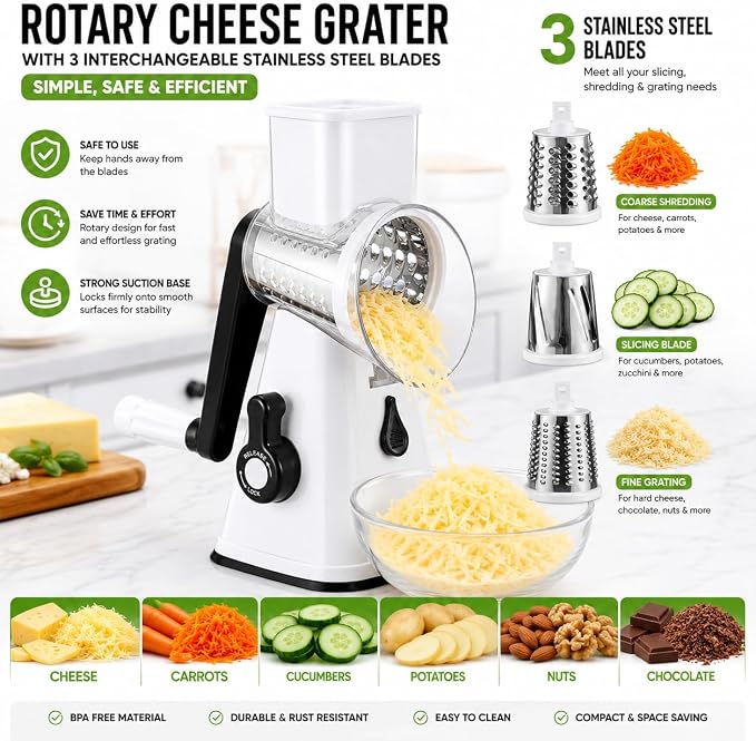 Rotary Cheese Grater with Handle, 3 Interchangeable Stainless Steel Blades, Manual Vegetable Slicer & Cheese Shredder, Hand Crank Grater for Cheese, Potato, Carrot, Cucumber, Nuts & Chocolate, White