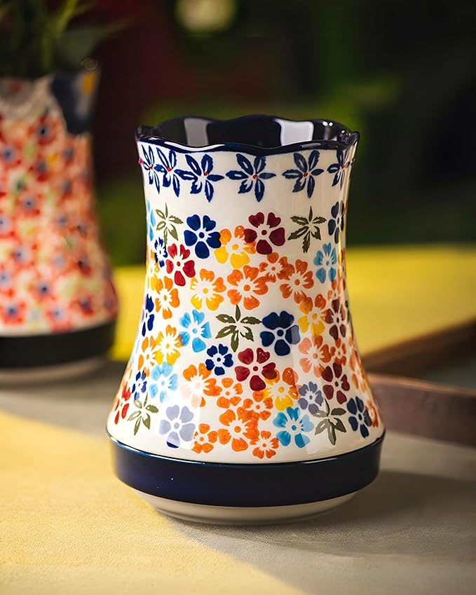Utensil Holder for Kitchen Counter, Large Ceramic Utensil Holder Crock with Drain Tray, Hand-Painted Floral Rustic Farmhouse Kitchen Crock, Perfect for Women, Christmas, Hostess Gifts & Fall Decor