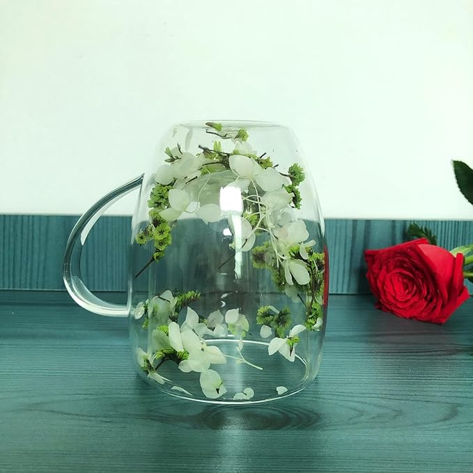 Double Walled Glass Coffee Mugs Flower Glass Coffee Mug With Handle Decorative 10 oz Clear Cappuccino Mug For Hot Cold Tea Milk Latte Wine Beverage Mother’s Day Birthday Christmas Gifts