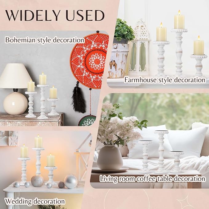 Mumufy 3 Pcs Candle Holders for Pillar Candles Rustic Farmhouse Home Decor Decorative Washed Beaded White Black Wood Candle Holder Country Style for Table Mantel Fireplace Wedding(White,Large)