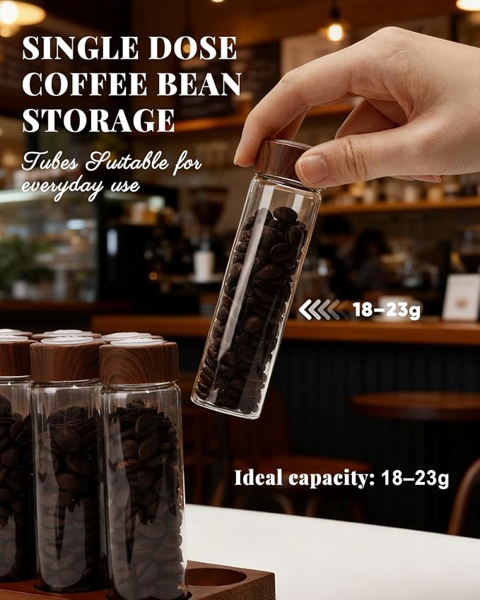 12 Pcs Single Dose Coffee Bean Storage Tubes, Coffee Bean Container for Espresso with One-Way Valve, Espresso Storage kit with Walnut Stand, Collapsible Silicone Funnel & Labels