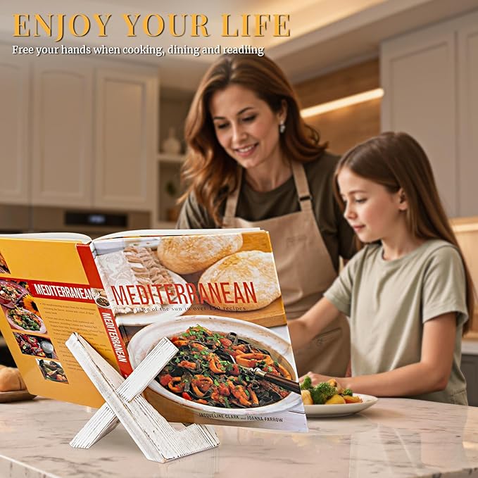 PUERSI Cookbook Stand for Kitchen, Recipe Book Holder for Kitchen Counter, Wooden Cookbook Holder, Rustic Cook Book Holder Stand - Farmhouse White - 1 Set