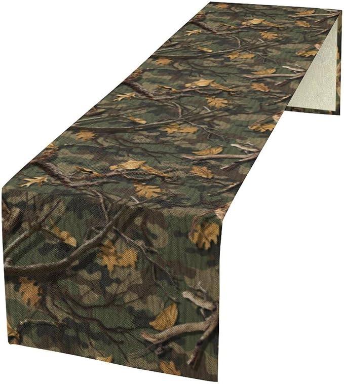 Camouflage Tree Table Runner, Vintage Country Aged Camouflage Nature Hunting Maple Leafs Table Decor Table Top Dining Kitchen Wedding Party 13x120 in