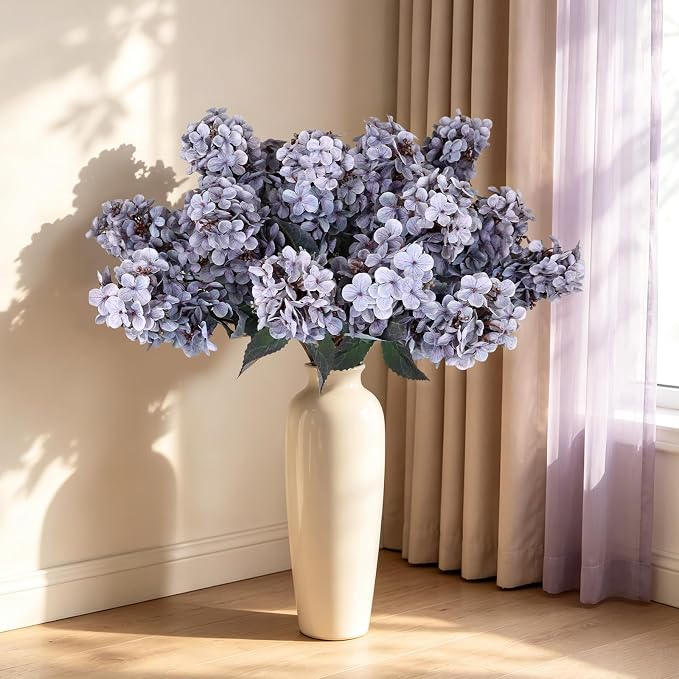 2FT Hydrangea Artificial Flowers - 10 PCS Long Stem Faux Cone Hydrangeas for Tall Vase, DIY Vintage Floral Table centerpieces for Dining Room, and Home Kitchen Decorations - Grayish Purple