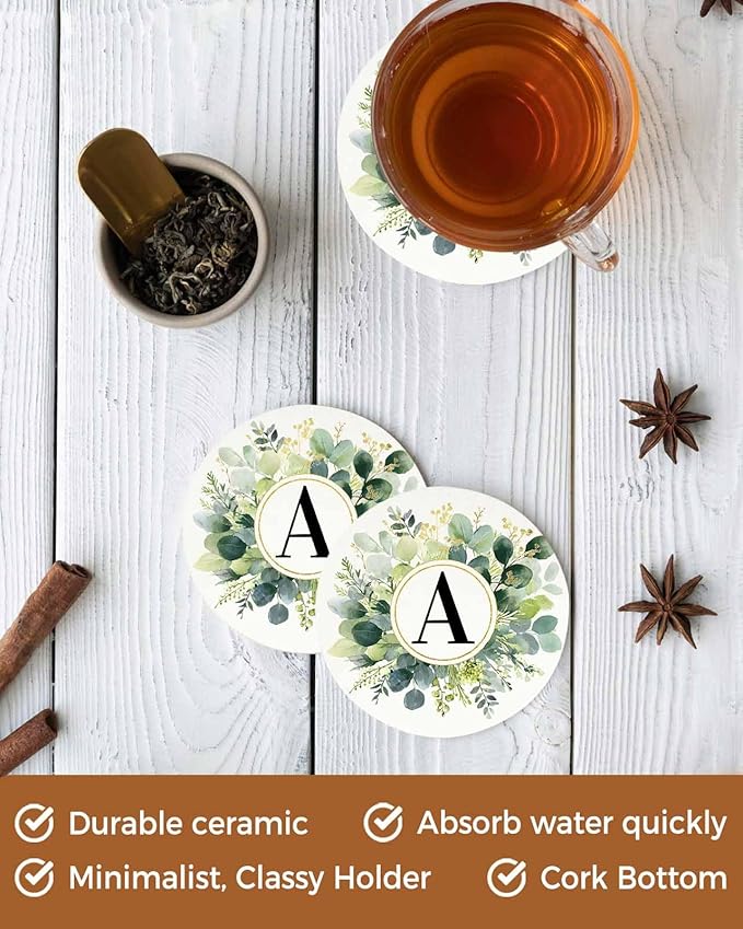 Coasters Set of 4 Letter A Drink Coasters with Holder Absorbent Stone Ceramic Cup Mat Alphabet Green Eucalyptus Leaves Coaster for Drinks Coffee Bar Office Kitchen Cafe Home Decor