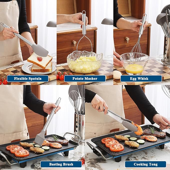 Kitchen Utensils Set, Kyraton 38 Pieces Non-Stick Silicone Cooking Utensils Set, Spoon Spatula Set with Sturdy Stainless Steel Utensil Holder, Dishwasher Safe