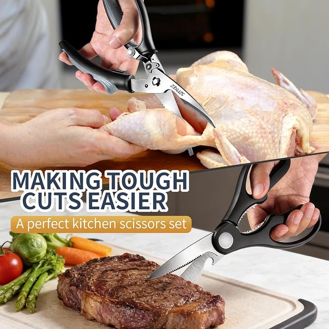 Kitchen Scissors Set 2 Pack, Heavy Duty Detachable Food Grade Stainless Steel Poultry Shears for Chicken Bones, Fish, Meat, Vegetables, Multipurpose Shears with Bottle Opener