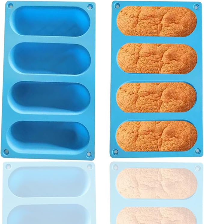 Hot Dog Bun Pan - 2 Pack 4 Cavity Silicone Molds, Non-stick French Bread Pan, Baguette Baking Tray for Sandwich Bun Rolls