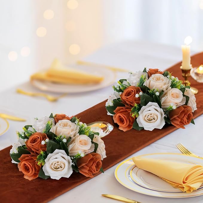 BLOSMON Terracotta Flowers for Wedding Centerpieces: 6 Pcs Fake Rose Kissing Balls Fall Table Decor - Artificial Silk Bouquet with Base Floral Arrangements Home Party Room DIY Decorations