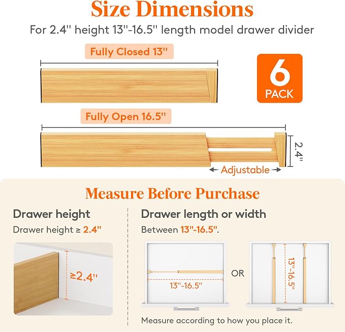 Lifewit 2.4" High 6 Pack Bamboo Drawer Dividers 33-42cm/13-16.5" Adjustable Wooden Drawer Organizer for Clothes/Utensils, Expandable Drawer Separator for Dresser/Kitchen/Bedroom/Office Organization