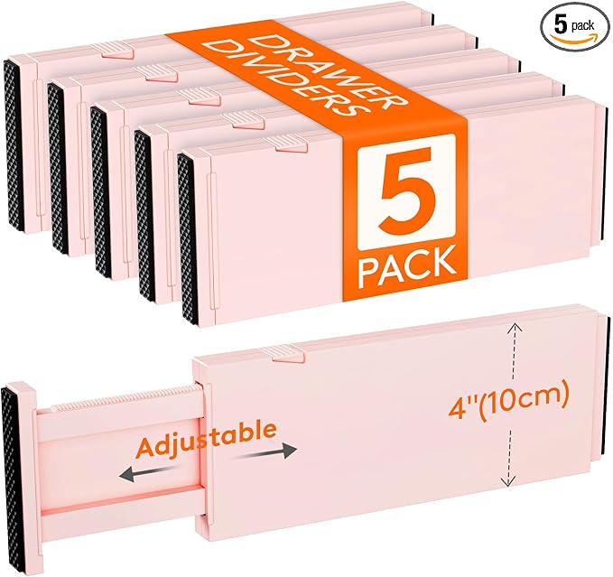 Lifewit 5 Pack 4" High Drawer Dividers 28-43.5cm/11-17" Adjustable Drawer Organizer for Clothes/Utensils, Expandable Drawer Separator in Dresser/Kitchen/Bedroom/Office Organization & Storage Pink