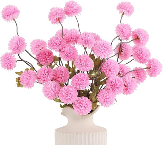 DuHouse 6pcs Artificial Flowers Faux Silk Pompon Mum,Silk Small Mini Chrysanthemum Ball with Stems for DIY Bouquets Centerpieces Vase Home Table Kitchen Decorations(Pink)