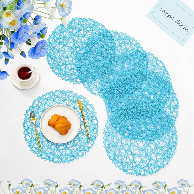 IcosaMro Sky Blue Round Placemats Set of 6 for Dining Table, 15 Inch Paper Woven Boho Decorative Circle Place Mat for Wedding Christmas Thanksgiving Day Holiday Dinner, 15 Inch, Sky Blue