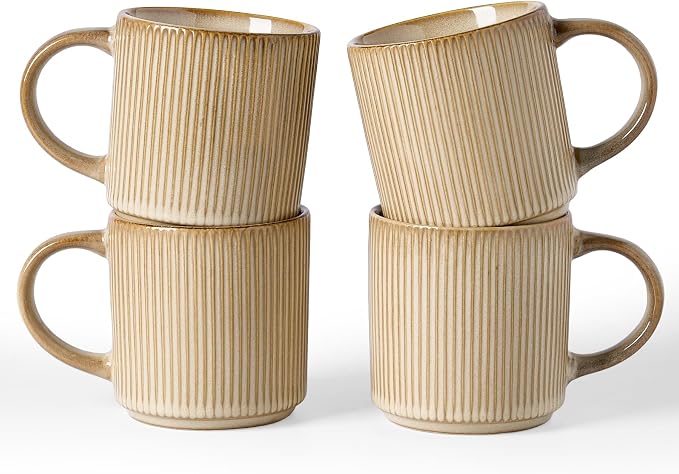 famiware Coffee Mug Set for 4, Star 12 oz Catering Mugs Cup Set with Handle for Coffee, Tea, Cocoa, Milk - Ceramic Stoneware Drinkware Set, Cream