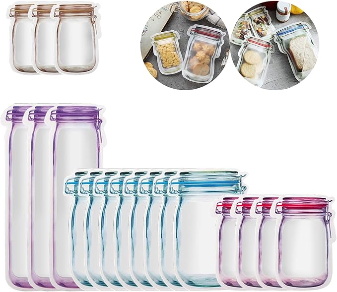 18 Pack Reusable Snack Bags, Mason Jar Zipper Food Saver Snack Sandwich Bags Leakproof Storage Bags for Travel Camping(3S 4M 8L 3T)