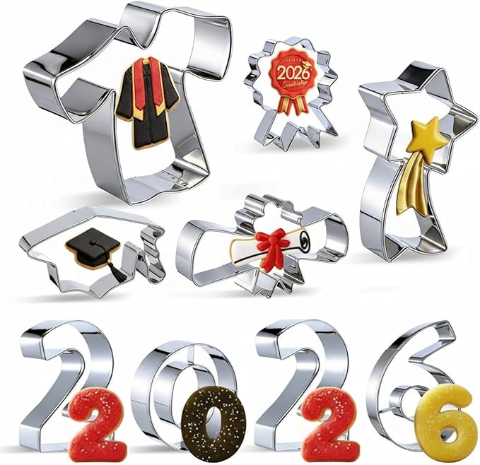 Zhehao 9 Pcs 2026 Graduation Cookie Cutters Set Graduation Gown, Cap, Diploma, Star Sash, Number "2026", Medal, Stainless Steel Cookie Cutters for Baking Homemaking Senior Celebration Party Supply