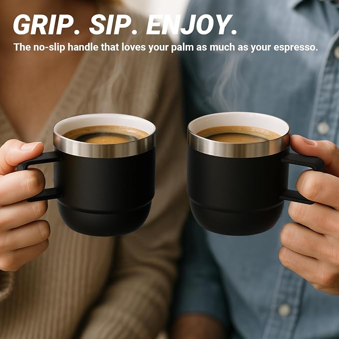 6 oz Small Espresso Mug with Handle, Ceramic-Lined 18/8 Stainless Steel, Double-Wall Vacuum Insulated, Stackable, Dishwasher Safe, for Cortado & Flat White, 2 Pack, Wine Red
