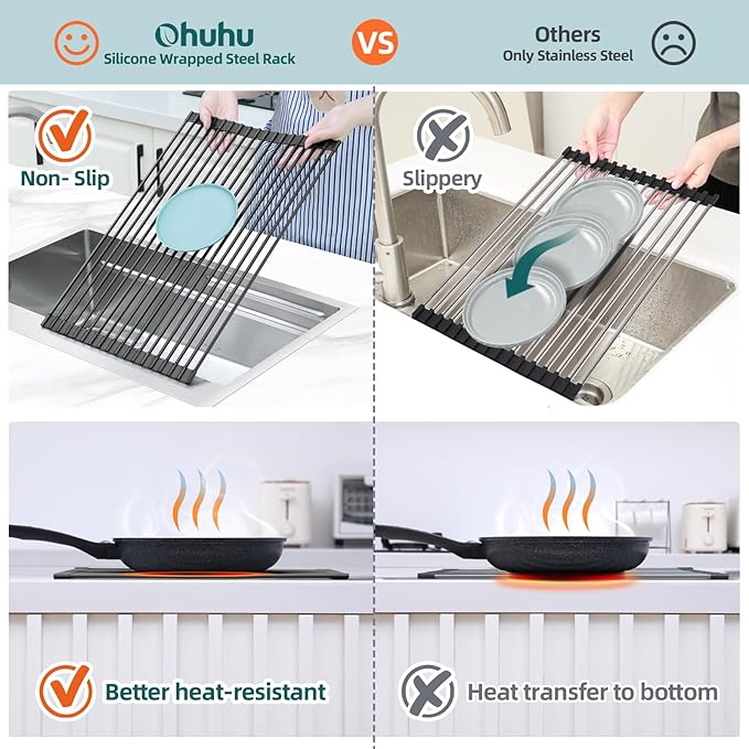 Ohuhu Over The Sink Dish Drying Rack, 20.5" W x 13.1" L Rolling Dish Drainer Foldable Sink Accessories Heat-Resistant Mat Anti-Slip Silicone Coated Dish Racks for Kitchen Counter