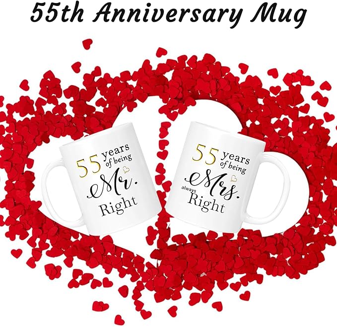 55th Anniversary Coffee Mugs Set of 2, 55 Year Anniversary Wedding Gifts Decorations for Couple Parents Grandparents Men Women Husband Wife Him Her, Gift Box Packaging, 11oz