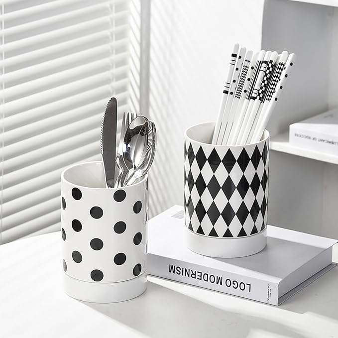 Dxcaicc Ceramic Kitchen Utensil Holder, Multiple Drain Holes, Drain Tray, Vertical Stripe