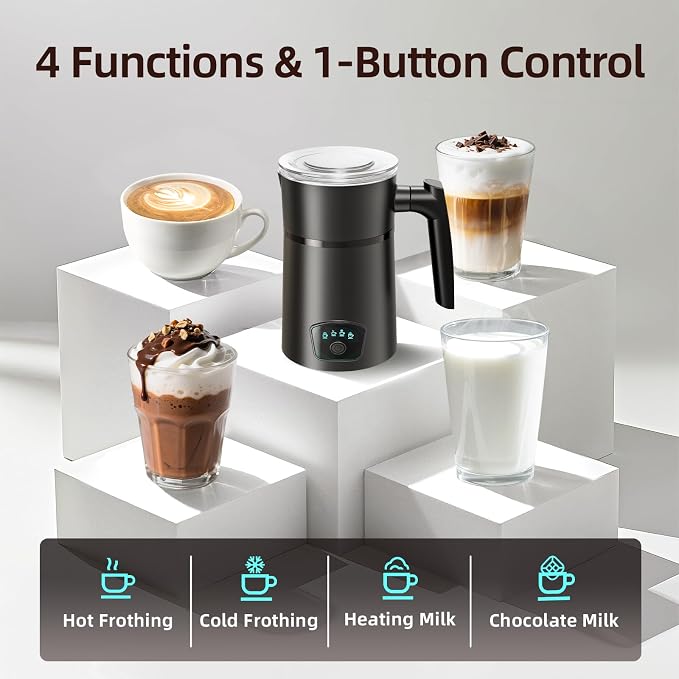 Milk Frother, 4-in-1 Electric Milk Steamer, Warm and Cold Foam Maker, 1 min Fast Frothing, 11.8 oz/350 ml Milk Warmer, Frother for Coffee Latte, Cappuccino, Macchiato, Auto Shut-Off