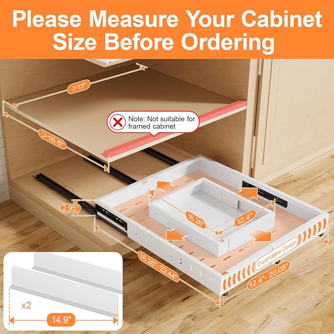 Pull out Cabinet Organizer Expandable W(12"-20") and D(16"-22"), No Drill Adjustable Slide Out Drawers With 3 Slide Rails, 2Pcs Magnetic Panel, Adhesive Roll out Shelves for Kitchen, Cabinets, Pantry