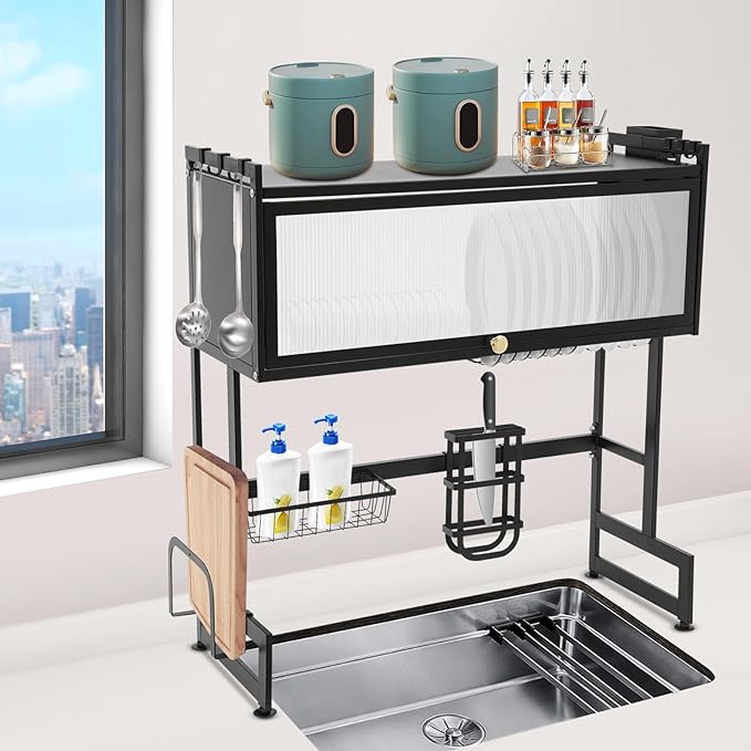 Over The Sink Dish Drying Rack 2 Tier Large Dish Drainer Drying Rack 29.53" W x 31.5" H Multifunctional Kitchen Organizers and Storage for Dishes, Glasses, Bowls, and Cutlery (Black)