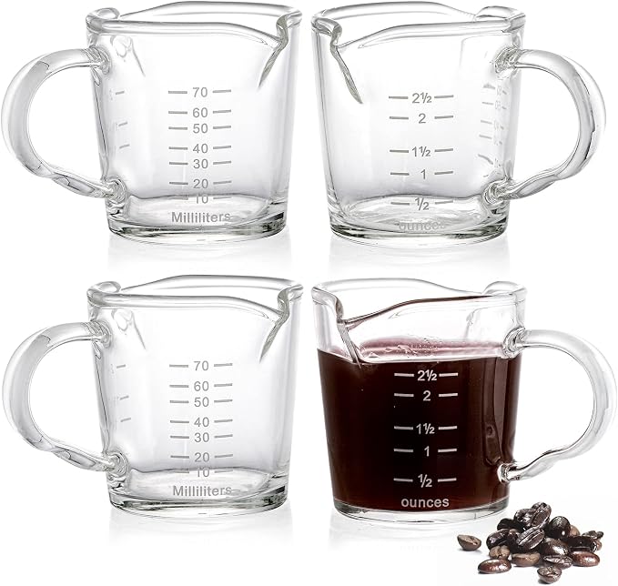 Hacaroa 4 Pack Double Spouts Measuring Cups Espresso Shot Glass with Handle, 2.5 Oz Mini Milk Triple Pitcher Barista Clear Graduated Cups for Coffee, Wine, Bar, Party