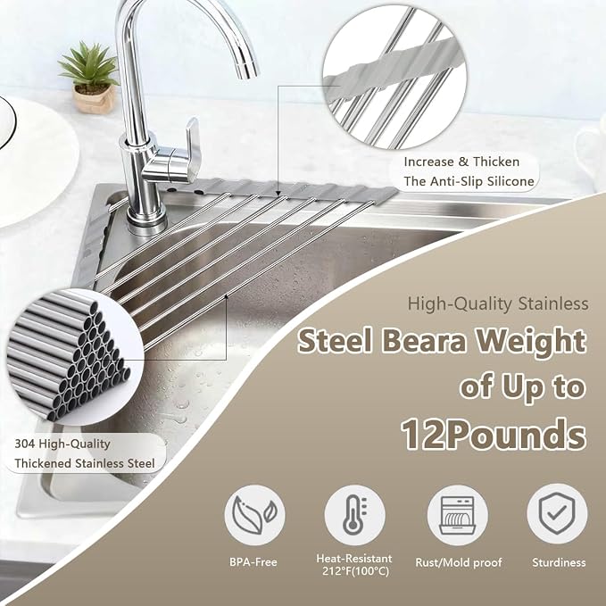 Credon Triangle Roll Up Dish Drying Rack, Foldable Multipurpose Corner Sink Caddy, Stainless Steel Anti Slip and Rust Proof Kitchen Sink Drainer Organizer, Small Space Solutions (Grey)