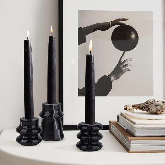 Vixdonos Marble Candle Holder Set of 3 Taper Candle Candlestick Mantle Candle Stand for Home Decor,Wedding,Party and Table Centerpieces(Black)