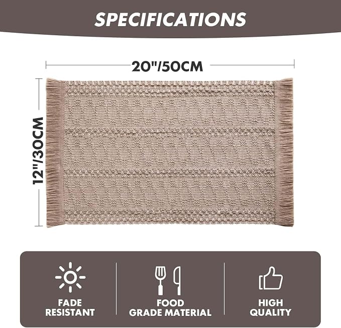 ZeeMart Macrame Style Boho Placemats Set of 6, Taupe 12x20 Inch | Decorative Farmhouse Table Mats, Natural Cotton Woven Place Mats, Bohemian Home Decor for Kitchen Dining Table