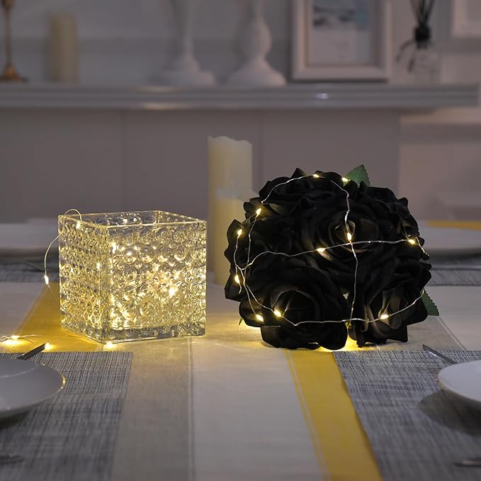 Fule Artificial Silk Rose Flower Centerpiece Arrangement in Glass Vase with LED Light for Home Wedding Decoration (Black)