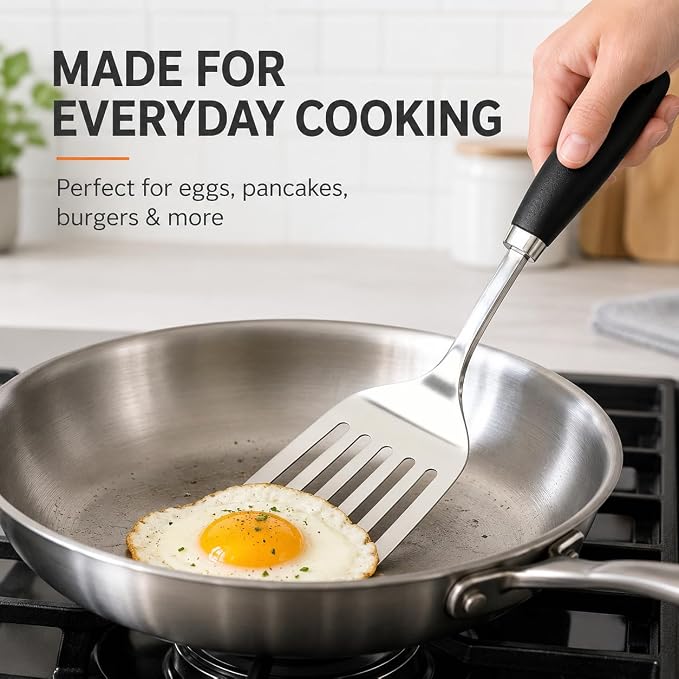Stainless Steel Slotted Turner Spatula, Metal Spatula for Cast Iron & Stainless Steel Pans, Thin Edge Kitchen Turner for Eggs, Pancakes, Burgers, Dishwasher Safe