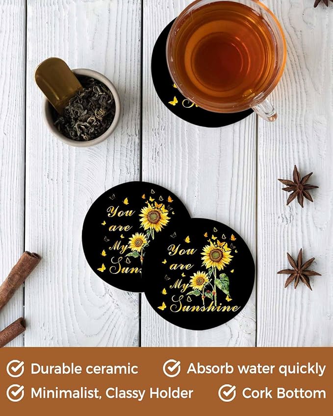Coasters Set of 6 Sunflowers Drink Coasters with Holder Absorbent Stone Ceramic Cup Mat Black Butterfly You are My Sunshine Coaster for Drinks Coffee Bar Office Kitchen Cafe Home Decor