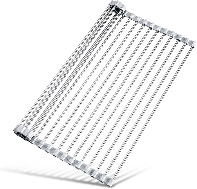 Tomorotec Stainless Steel Roll-Up Dish Drying Rack Marble Color Silicone Edges, Foldable Kitchen Rack Heat Resistant Trivet Supports up to 70 lbs, Food Safe for Dishes, Cookware & More