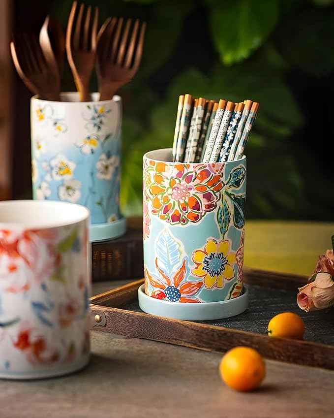 Utensil Holder for Kitchen Counter, Large Ceramic Utensil Holder Crock with Drain Tray, Hand-Painted Floral Rustic Farmhouse Kitchen Crock, Perfect for Women, Christmas, Hostess Gifts & Fall Decor