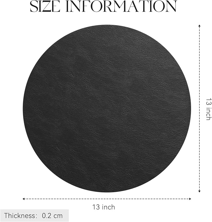MOSAYT 13 Inch Round Vinyl Placemats Set of 8 - Faux Leather 100% Waterproof Oil-Proof Wipeable PU Place Mats, Heat Resistant Reversible Table Mats for Kitchen, Dining, Outdoor, Black