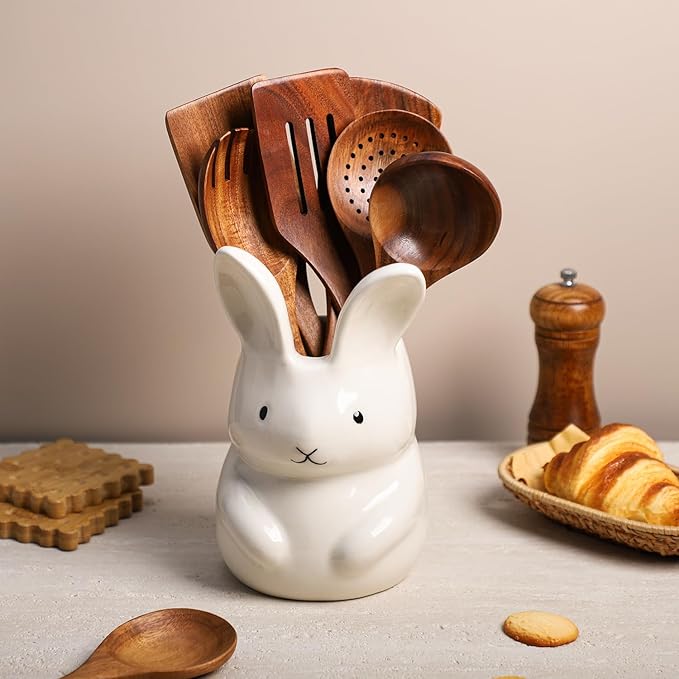 SOCOSY Ceramic Rabbit Kitchen Utensil Holder For Countertop Large Cooking Utensil Crock Holder Spatula Holder, Pure White