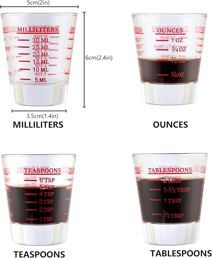 Shot Glass Measuring Cup Set of 4, Thick Base and Smooth Edge Small Measuring Cup for Espresso and Liquor, Easy Cleaning with Four Units of Measurement (1 oz, 2 Tbs, 6 Tsp, 30 ml)