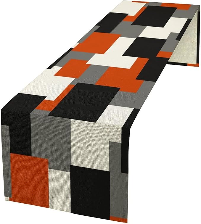 Modern Geometric Table Runner Abstract Orange Black Gray Minimalist Contemporary Geometry Plaid Checkered Dinner Runner for Kitchen Dining Holiday Party Decor 13x36in