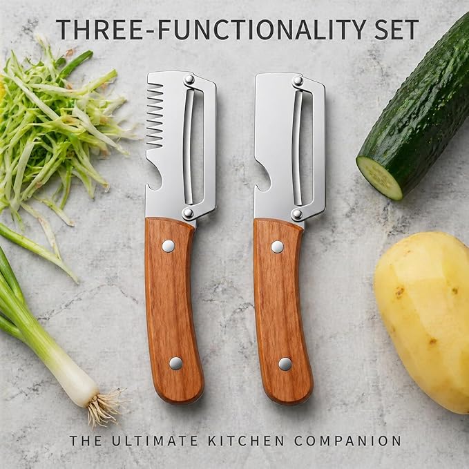 WesGen 2Pcs Multifunctional Vegetable Peeler with Wooden Handle, Odorless Stainless Steel Peeler, 2-in-1 and 3-in-1 Kitchen Tool with Scallion Shredder and Bottle Opener for Home Cooking
