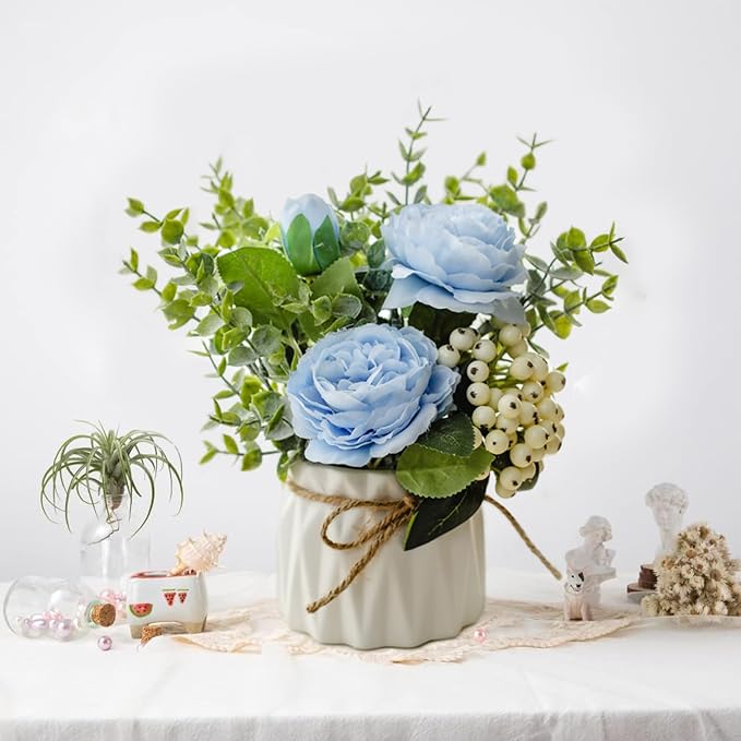 EOBTAIN Fake Flowers with Vase Blue Silk Flowers for Coffee Table Decor Faux Potted Flowers Decoration for Indoor Ceramic Vase with Artificial Flowers Home Decor,Dining Table Centerpiece.