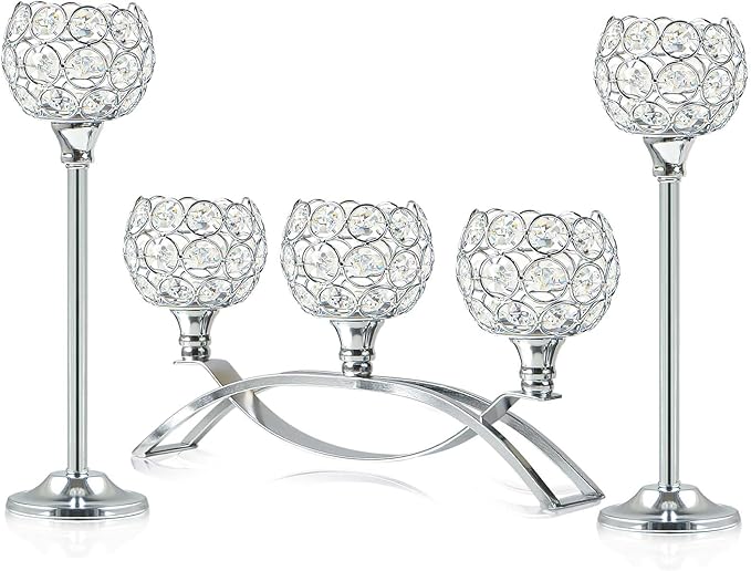 Crystal Tealight Candle Holder Centerpiece Home Decorative Candlestick Holder Elegant Table Centerpiece Home Decor Wedding Party Anniversary (Silver, Set of 3)