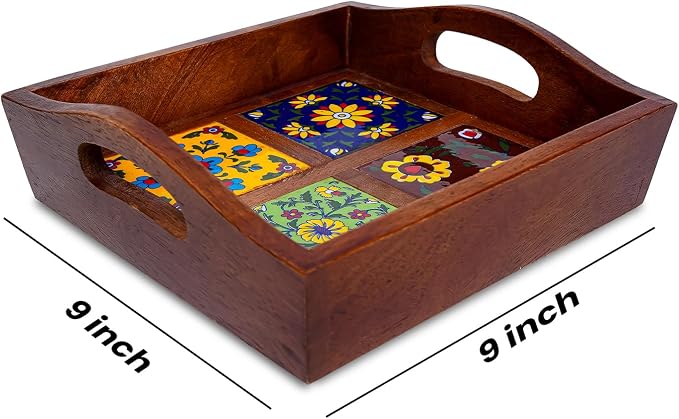 Craft Trade Square Mango Wood Serving Tray with 4 Fitted Ceramic Tiles Multipurpose Wooden Serving Platter with Handles, Decorative Tea Coffee Snack Tray for Home Kitchen Dining & Gifting - 9x9x3 Inch