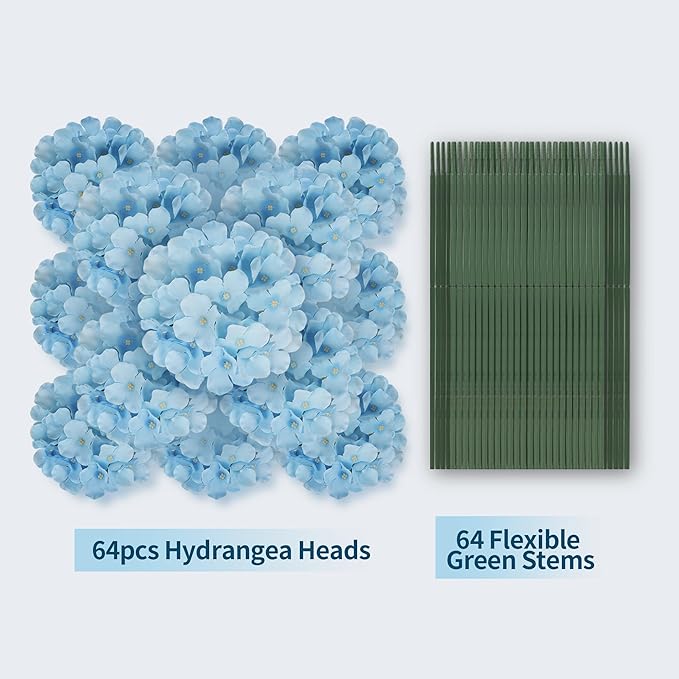 64 PCS Silk Hydrangea Flowers with Detachable Stems, Full Artificial Hydrangea Heads for Wedding Centerpieces, Bridal Shower Bouquets, DIY Floral Arrangements & Home Decor