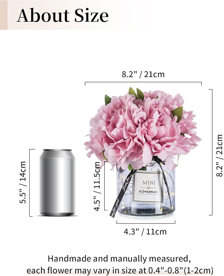BLOSMON Pink Artificial Flowers in Vase: Fake Hydrangea with Gray Vase LED Light for Table Centerpieces Decor - Small Faux Arrangements Desk Vanity Bathroom Office Decoration (8.2" Height)