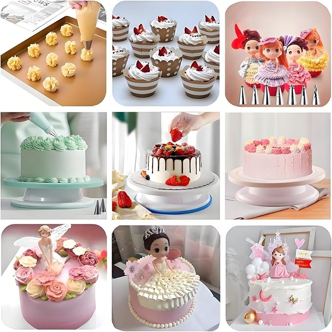Cake Decorating Kit, 390 Pcs Baking Supplies Tools with Cake Turntable, Leveler, 55 Numbered Icing+Skirt Tips, 2 Spatulas, 3 Scrapers, 100 Pastry Bags,150 Cupcake Liners & More, (Pink)