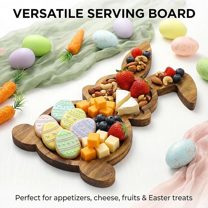 Easter Bunny Wooden Serving Tray(16.9“x9.8“), Wooden Charcuterie Board, Easter Gift Cheese Board, Suitable for Cheese and Food, Dimensions